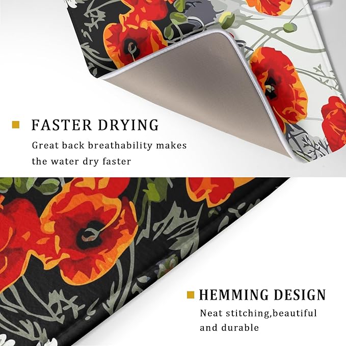 Giwawa Poppy Dish Drying Mat 18x24 inch for Kitchen Vintage Red Orange Floral Dish Drying Pad Oil Painting Flower Dish Drainer Mats Absorbent Microfiber Protector for Countertop Coffee Bar