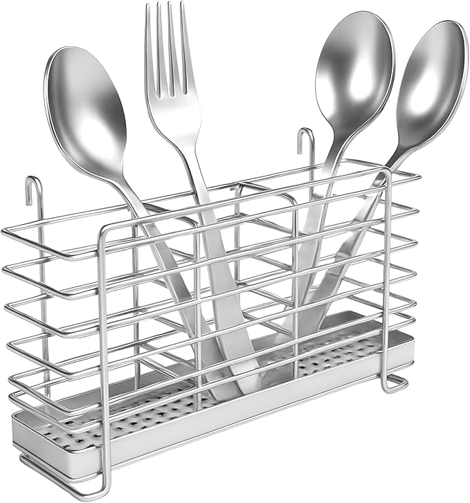 KESOL 304 Stainless Steel Utensil Drying Rack with Hooks & 3 Divided Compartments, Silverware Drying Basket, Spoon and Fork Organizer, Rustproof Kitchen Drainage Basket Accessories, Silver, 2x8.7x5 by KESOL