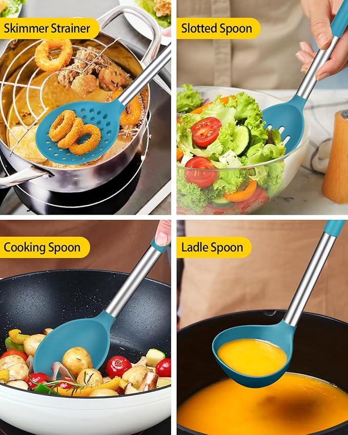 Silicone Cooking Utensil Set, 8Pcs Non-stick Cookware with Stainless Steel Handle, BPA Free Heat Resistant Kitchen Tools with Spatulas, Turners, Spoons, Skimmer and Pasta Fork - Image 4