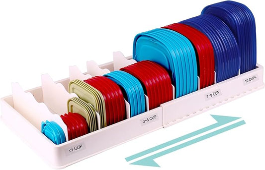 SWOMMOLY Expandable Food Storage Container Lid Organizer, Includes 8 Adjustable Dividers, 30 Preprinted and Blank Writable Labels, Extra Large by SWOMMOLY