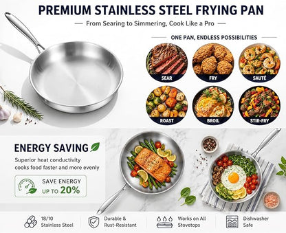 DELARLO Triply Stainless Steel Pan 8 Inch Frying pan, Induction Skillet Compatible Up to 600℉, Fast and Even Heat, Oven Broiler Safe, Small Skillet, Omelette, Small Pan for Eggs, Steak, Bacon