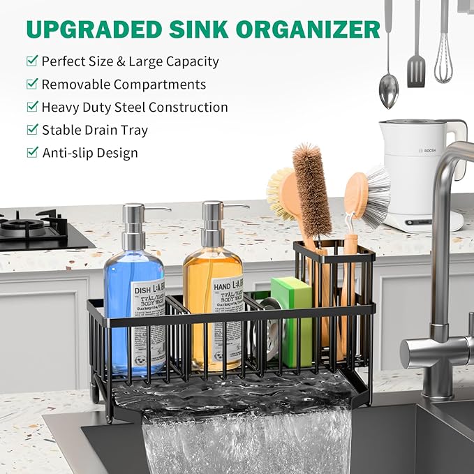 TomCare Extra Large 11'' Sink Caddy With Drain Tray Non-slip Kitchen Sink Organizer With 2 Adjustable Dividers High Brush Holder Rustproof Sponge Holder Kitchen Storage Accessories for Counter - Image 3