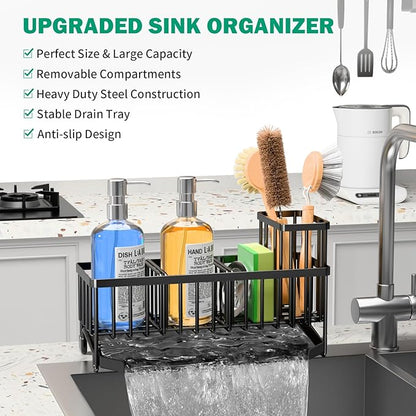 TomCare Extra Large 11'' Sink Caddy With Drain Tray Non-slip Kitchen Sink Organizer With 2 Adjustable Dividers High Brush Holder Rustproof Sponge Holder Kitchen Storage Accessories for Counter - Image 3
