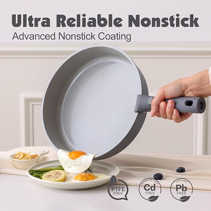 SENSARTE 17 Piece Ceramic Pots and Pans Set, Nonstick Detachable Handle Cookware, Induction Kitchen Cookware Set with Removable Handle, Dishwasher ＆ Oven Safe (Gray) - Image 4