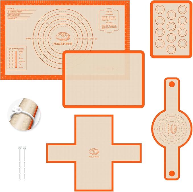 Silicone Baking Mat Set of 5, Nonstick Reusable Pastry Mat, Silicone Bread Sling & Loaf Pan Liners for Bread, Macaron Baking Mat for Cookie, Macarons by Koolstuffs