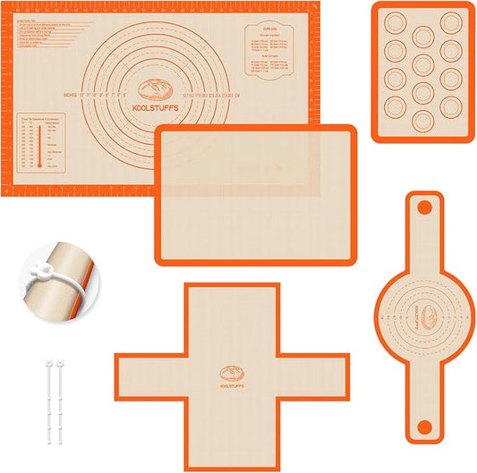 Silicone Baking Mat Set of 5, Nonstick Reusable Pastry Mat, Silicone Bread Sling & Loaf Pan Liners for Bread, Macaron Baking Mat for Cookie, Macarons by Koolstuffs