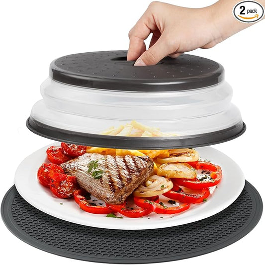 Microwave Splatter Cover & Silicone Mat – Collapsible, Vented, Reusable Food Guard and Plate Cover with Heat-Resistant Trivet for Pots, Pans, and Kitchen Counter, Black by MAGJIUKE