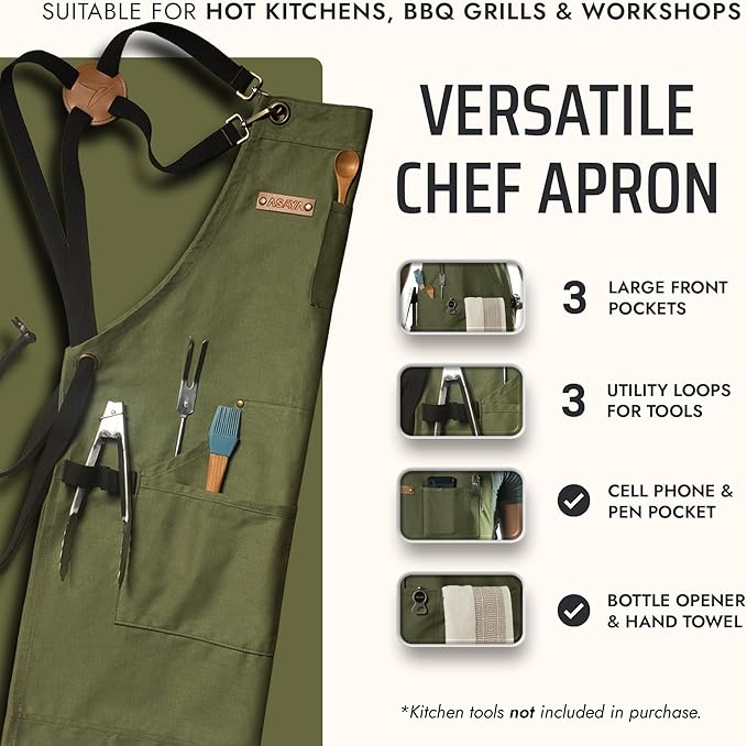 Asaya Chef and BBQ Apron with Bottle Opener and Hand Towel - 10oz Cotton Canvas, Stainless Steel Hardware - Cross Back Straps - Image 2