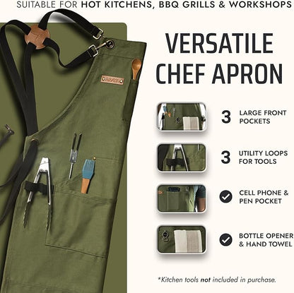Asaya Chef and BBQ Apron with Bottle Opener and Hand Towel - 10oz Cotton Canvas, Stainless Steel Hardware - Cross Back Straps - Image 2