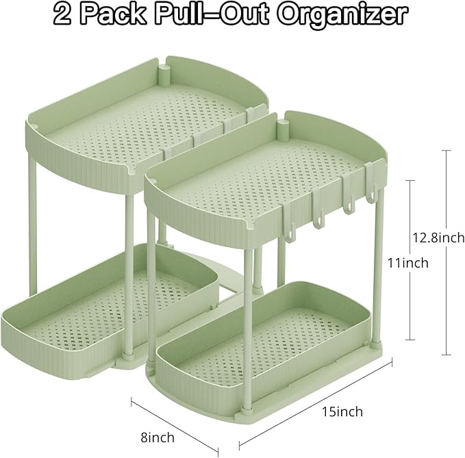 Ukeetap 2 Pack Multi-Purpose Pull-Out Storage Organizers, Under Sink Organizers and Storage for Bathroom & Kitchen, Under Cabinet Organizers and storage, 12.8 Inch, Green - Image 2