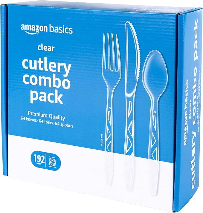Amazon Basics Disposable Clear Plastic Cutlery Set, Premium Quality, Strong, 192 Count, Large Combo Pack Forks, Spoons and Knives by AmazonBasics