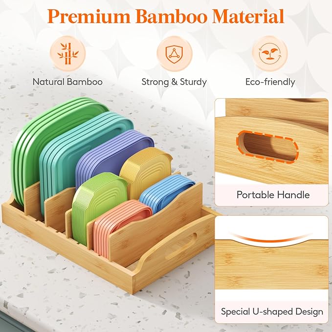 Lifewit Bamboo Lid Organizers for Inside Cabinet, Food Storage Container Lid Holder with 5 adjustable Inserts & 6 Sections, Kitchen Pantry organizer and storage, Large, 13.2" x 10"/34 x 25cm - Image 7