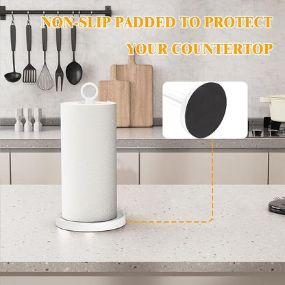 White Paper Towel Holder Countertop, White Kitchen Accessories Decor, One-Handed Tear, Stainless Steel, Weighted Base, Paper Towel Holder Stand with Ratchet System for Kitchen Farmhouse Essentials
