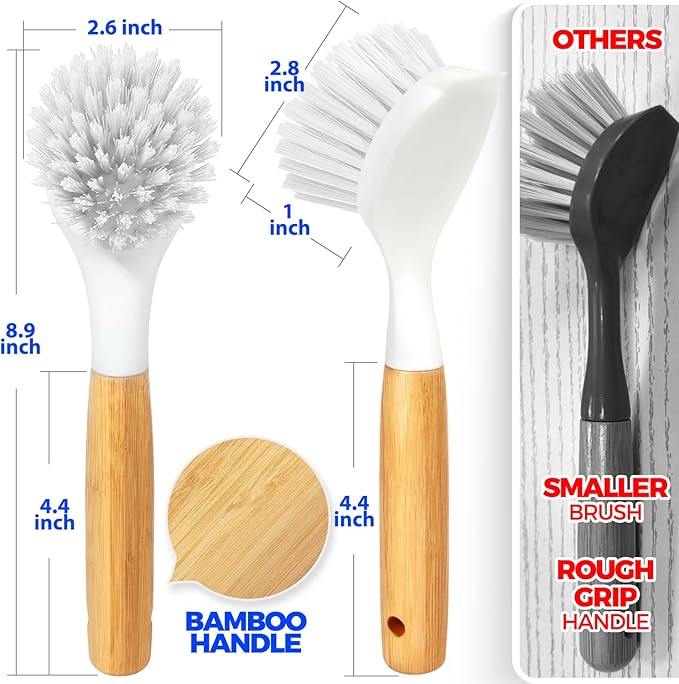 Holikme 3 Pack Dish Brush Set with Bamboo Handle, Kitchen Cleaner for Cleaning Pasta Plate, Salad Bowl, Scrubber with Soft Bristles, Blanco - Image 6
