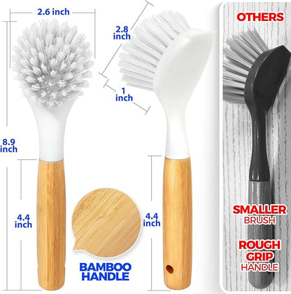 Holikme 3 Pack Dish Brush Set with Bamboo Handle, Kitchen Cleaner for Cleaning Pasta Plate, Salad Bowl, Scrubber with Soft Bristles, Blanco - Image 6