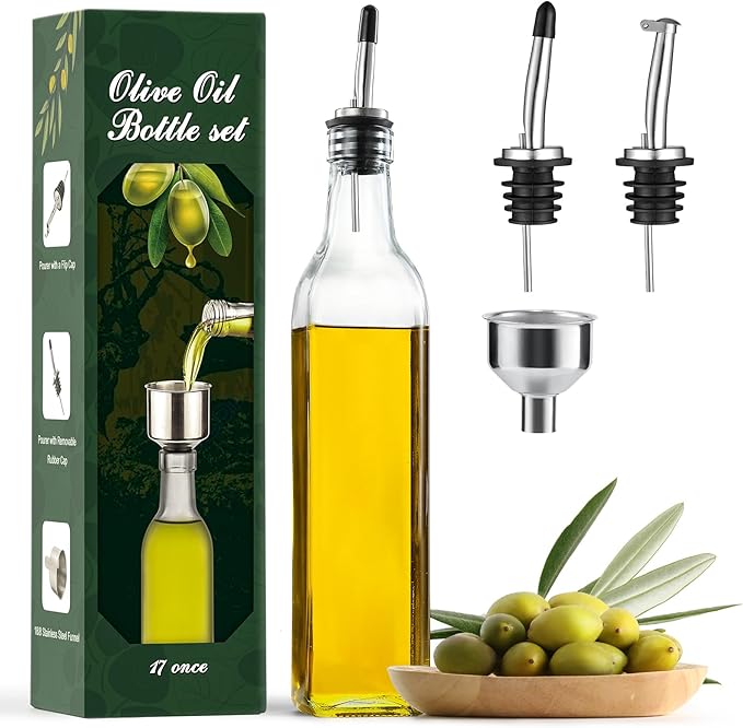 AOZITA 17oz Clear Glass Olive Oil Dispenser Bottle - 500ml Oil & Vinegar Cruet with Pourers and Funnel - Olive Oil Carafe Decanter for Kitchen by AOZITA
