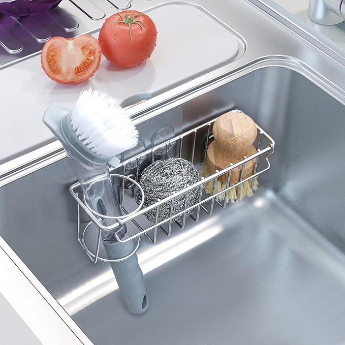 3-In-1 Sponge Holder for Kitchen Sink with Suction Cups & Adhesive Hook , In-sink Sponge Holder, Wall Hanging Sink Caddy Organizer Rack - Sponge, Dish Cloth, Brush, Scrubber - 304 Stainless Steel - Image 5