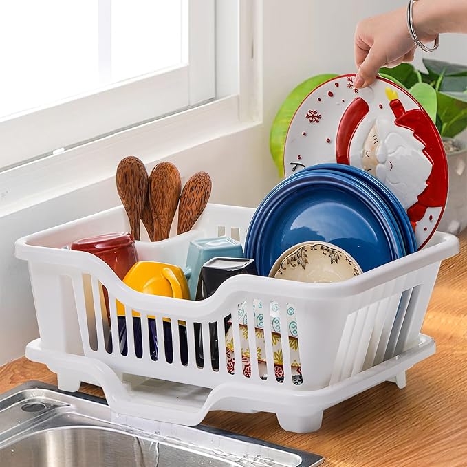 Noamus 2-Piece Plastic Dish Drying Rack, Heavy Duty Sink Set Dish Rack, White Large Drainer with Attached Drainboard Utensil Cup Holders for Home Kitchen Counter Top Organizers - Image 6