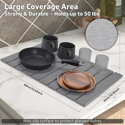 Stone Dish Drying Mat for Kitchen Counter – Collapsible 24"(L)×16 (W) Super Absorbent Diatomaceous Earth Dish Drying Mat, Grey Kitchen Counter Mats for Dishes, Bottles, Cups, Match Any Countertop