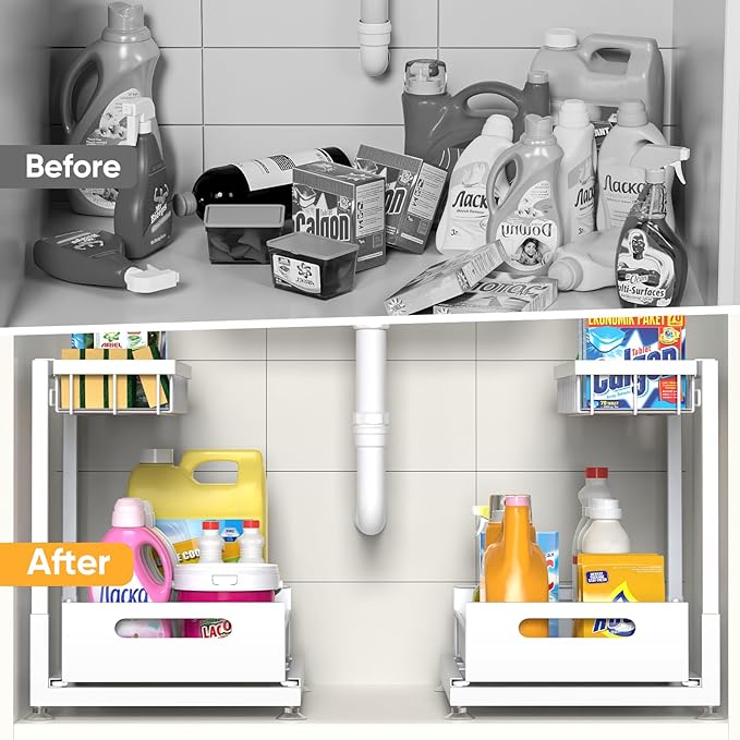 Saydear Under Sink Organizer Storage 2-Tier Premium Metal Pull-Out Kitchen Cabinet Organizer with Sliding Drawer, Height Adjustable, Heavy Duty for Kitchen & Bathroom Organizers 1 Pack White - Image 3