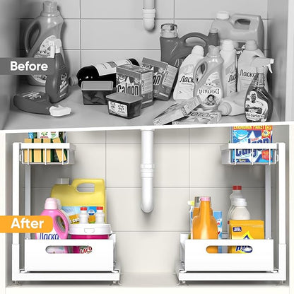 Saydear Under Sink Organizer Storage 2-Tier Premium Metal Pull-Out Kitchen Cabinet Organizer with Sliding Drawer, Height Adjustable, Heavy Duty for Kitchen & Bathroom Organizers 1 Pack White - Image 3