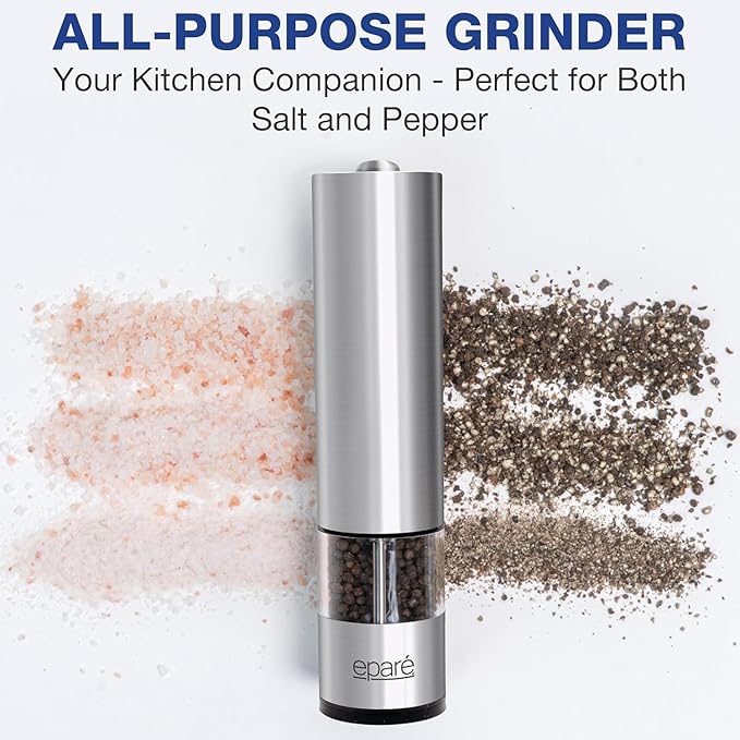 Eparé Salt or Pepper Grinder Mill Electric – Battery Operated Stainless Steel Mill with LED Light, Adjustable Ceramic Core, and One-Hand Push Button for Effortless Seasoning and Cooking - Image 4
