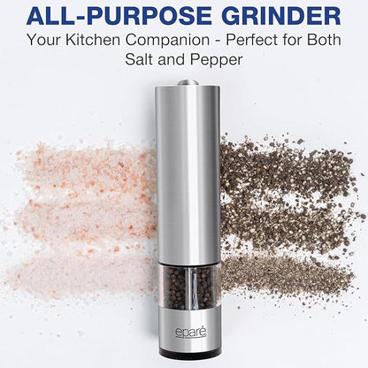 Eparé Salt or Pepper Grinder Mill Electric – Battery Operated Stainless Steel Mill with LED Light, Adjustable Ceramic Core, and One-Hand Push Button for Effortless Seasoning and Cooking - Image 4