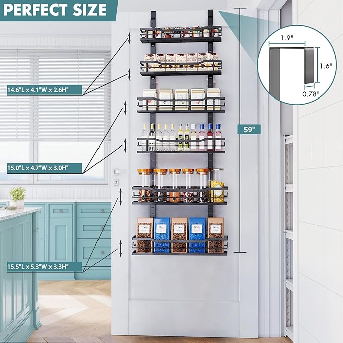 Eastherry Over The Door Pantry Organizer，6-Tier Over The Door Organizer with Adjustable Basket，Metal Hanging Pantry Organizers and Storage for Kitchen, Back of Door Seasoning Rack (Black) - Image 2