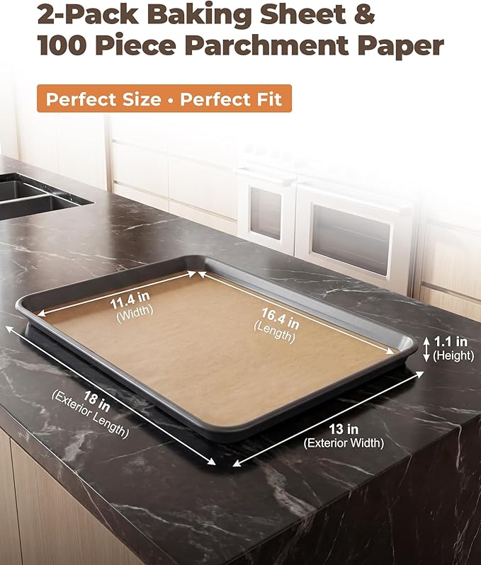 Bake Choice 2 Pack Half Sheet Pans 18x13 In with 100 Pcs Parchment Paper, Heavy Duty Carbon Steel, Warp Resistant Nonstick Baking Sheet, Commercial Grade Cookie Sheets for Oven Baking Roasting - Image 2