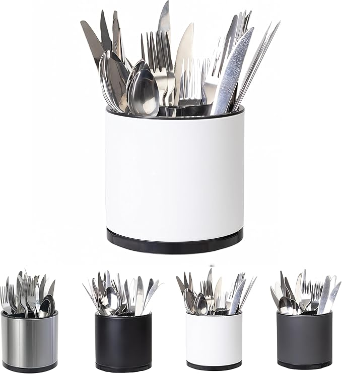 LIBODOUR Silverware Organizer Kitchen Utensil Holder 360°Rotating For Counter Organizer Stainless Steel Storage Silverware Caddy 3 Compartment Flatware Spoon Spatula Tool Cutlery Container(White) by ModernandFarmhouseUtensilHolder