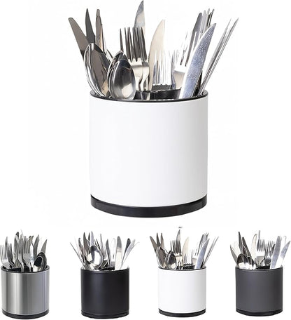 LIBODOUR Silverware Organizer Kitchen Utensil Holder 360°Rotating For Counter Organizer Stainless Steel Storage Silverware Caddy 3 Compartment Flatware Spoon Spatula Tool Cutlery Container(White) by ModernandFarmhouseUtensilHolder