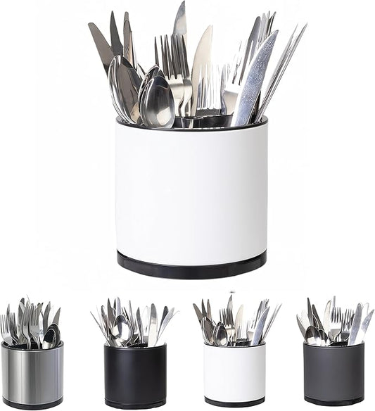 LIBODOUR Silverware Organizer Kitchen Utensil Holder 360°Rotating For Counter Organizer Stainless Steel Storage Silverware Caddy 3 Compartment Flatware Spoon Spatula Tool Cutlery Container(White) by ModernandFarmhouseUtensilHolder