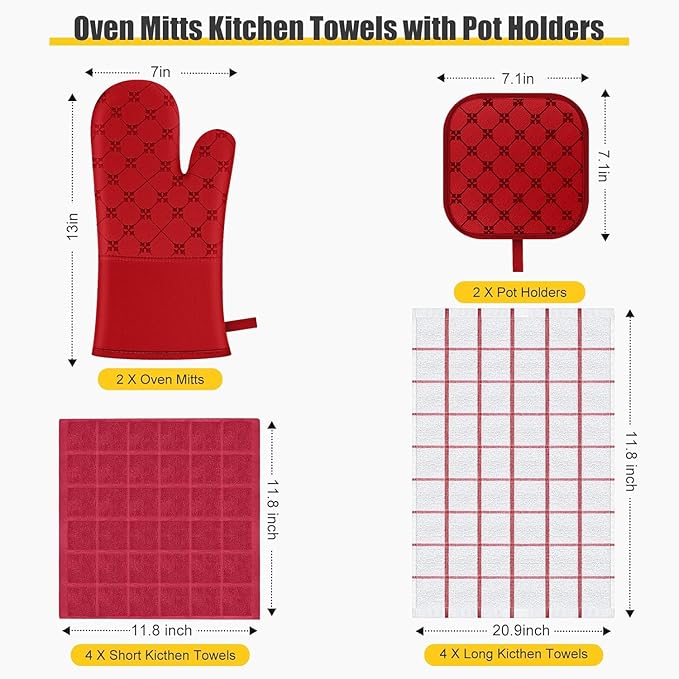 Oven Mitts Kitchen Towels Dishcloths with Pot Holders Sets 12PCS, Dish Towels Sets, Oven Gloves Pot Pads Heat Resistant 500 Degrees with Non-Slip Silicone Surface for Cooking Baking Grilling Red - Image 2