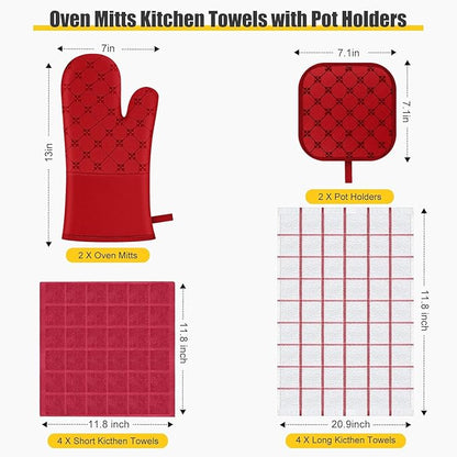 Oven Mitts Kitchen Towels Dishcloths with Pot Holders Sets 12PCS, Dish Towels Sets, Oven Gloves Pot Pads Heat Resistant 500 Degrees with Non-Slip Silicone Surface for Cooking Baking Grilling Red - Image 2