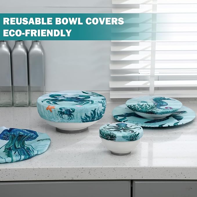 Patelai 10 Pcs Bowl Covers Reusable in 5 Size Stretch Cloth Fabric Elastic Food Storage Bowl Covers Bread Sourdough Lids for Proofing Food Fruits Leftover(Dark Blue,Ocean) - Image 2