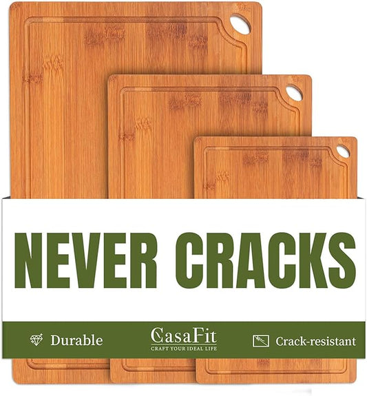 3-Piece Organic Bamboo Cutting Board Set for Kitchen - Carbonized Extra Sturdy Chopping Boards with Juice Grooves - Knife-Friendly Multi-Size (15", 12", 9") for Meat & Veggies - Housewarming Gift Box by CasaFit