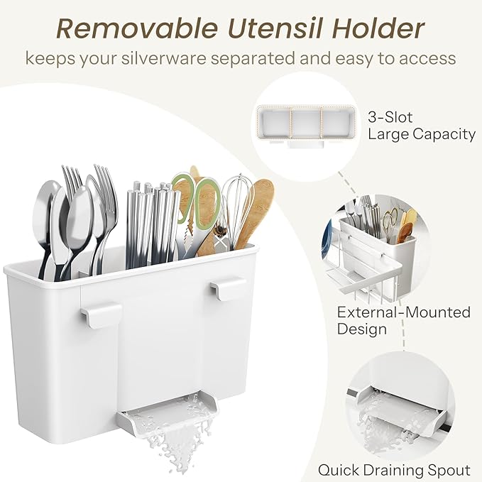 SNTD Dish Drying Rack - Small Dish Rack for Kitchen Counter, Stainless Steel Dish Drainer with Utensil Holder and Drainboard, 11" W x 15" L (White) - Image 7