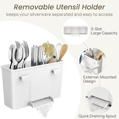 SNTD Dish Drying Rack - Small Dish Rack for Kitchen Counter, Stainless Steel Dish Drainer with Utensil Holder and Drainboard, 11" W x 15" L (White) - Image 7