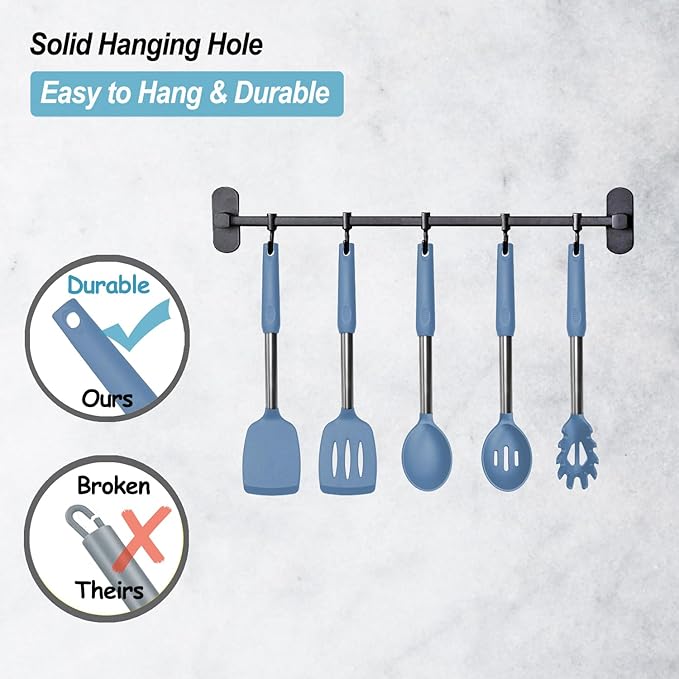 Silicone Spatula and Cooking Spoon,5 Pack Solid & Slotted Spoons and Spatulas High Heat resitant for Kitchen, Stainless Steel Handle Coated with Silicone, Non Stick Utensil, Starry blue - Image 5