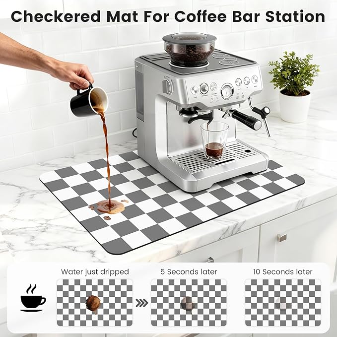 16" x 24" Checkered Dish Drying Mat for Kitchen Counter, Absorbent Coffee Bar Mat for Espresso Machine Coffee Countertops Accessories, Grey - Image 3