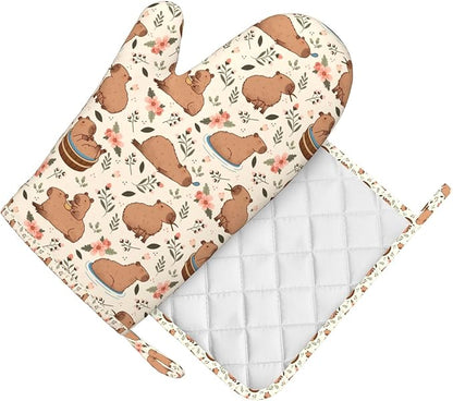 Oven Mitts and Pot Holders Set - Cute Animal Kitchen Gifts Heat Resistant to 500°F, Non-Slip Silicone Grips for Baking, Cooking, Grilling, BBQ Accessories