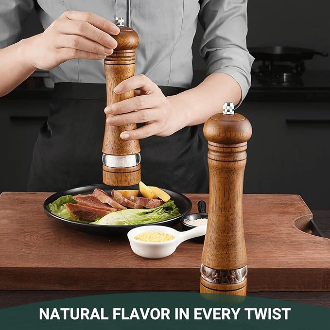2-Piece Salt and Pepper Grinder Set, 8 Inch Wooden Salt and Pepper Mills with Adjustable Coarseness, Refillable Manual Pepper Mill Grinder for Home Cooks (Brown)
