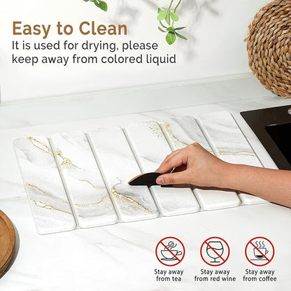 Small Stone Dish Drying Mat for Kitchen Counter, 15.7"×12" & 8"x4" Quick Dry Stone Mats, Foldable Water Absorbing Diatomaceous Earth Drying Dish Pad for Countertop Bottles Utensils Cup(Gold White) - Image 5