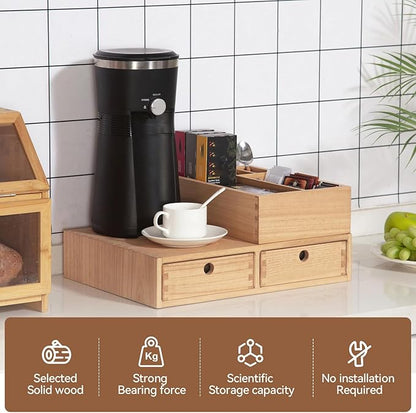 KIRIGEN Wooden Coffee Station Organizer 2-Piece Set - Coffee Bar Storage with Drawers for Sugar, Tea - Coffee Pod Holder and Accessories Organizer for Kitchen Counter Nature KFJTZ-NA - Image 2