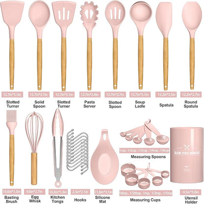 Umite Chef Silicone Kitchen Utensils Set, 33 Piece Non-Stick Kitchen Utensils with Stand, Wooden Handle, Pink - Image 3