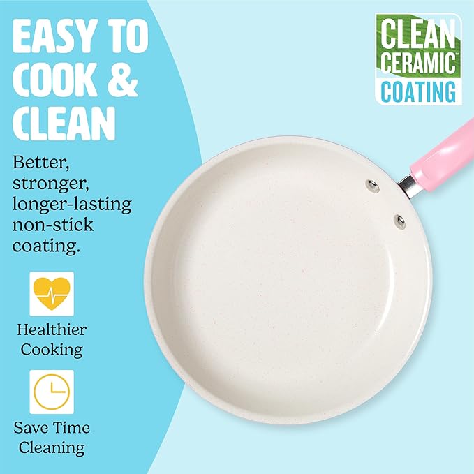 Tasty Clean Ceramic Non-Stick Aluminum Cookware Set, Tempered Glass Lid, Dishwasher Safe, 16-Piece, Pink