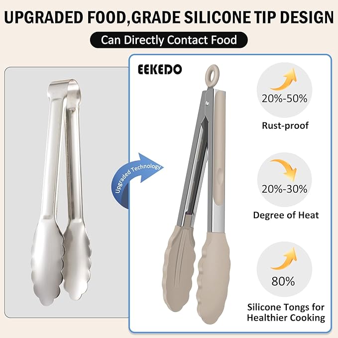 Kitchen Tongs, Stainless Steel Cooking Tongs with Silicone Tips, 600ºF High Heat-Resistant Non Scratch Locking Tongs for Cooking BBQ Grilling Air Fryer Pans, Set of 3 (7" 9" and 12") Beige - Image 3