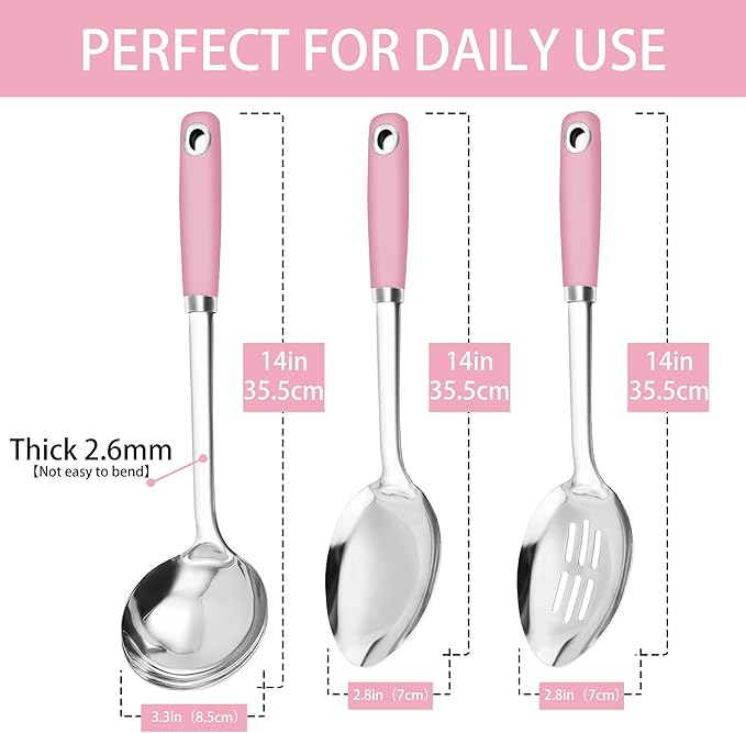 14-in Pink Cooking Spoons Set, Heavy Duty 18/0 Stainless Steel Large Serving Spoons Set, Slotted Spoon, Cooking Spoon & Soup Ladle, Commercial and Residential Use, Pack of 3 - Image 3