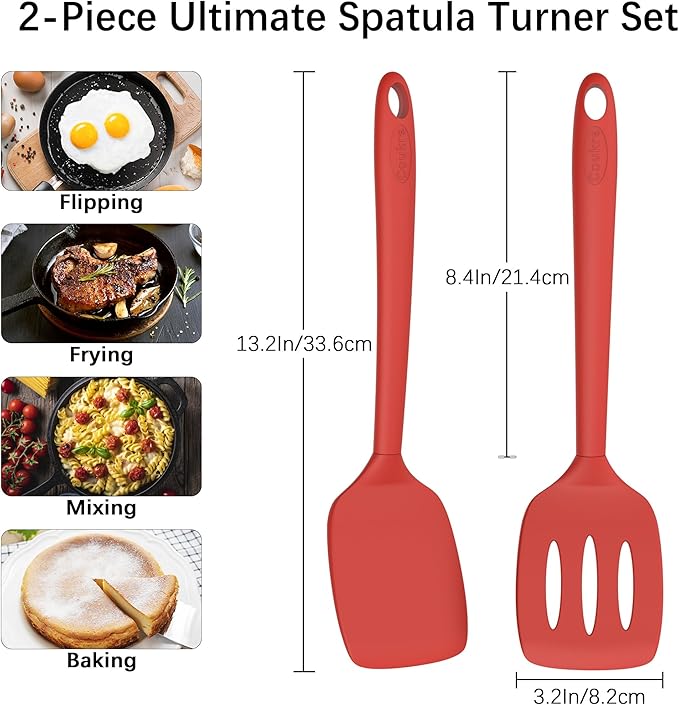 Coukre 2 Pack Silicone Spatula Set, High Heat Resistant, BPA Free Kitchen Spatula, Solid & Slotted Turner for Non-Stick Pans, Sautéing, and Flipping (2, SolidRed) - Image 6