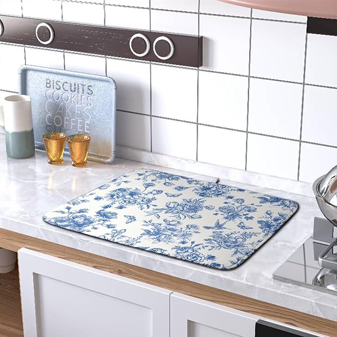 Dish Drying Mat for Kitchen Counter Blue and White Floral Drying Mats Chinoiserie Vintage Flowers Dish Drying Pad for Dishes Microfiber Absorbent Dish Drainer Rack Mat for Countertop 16x18 Inch - Image 5